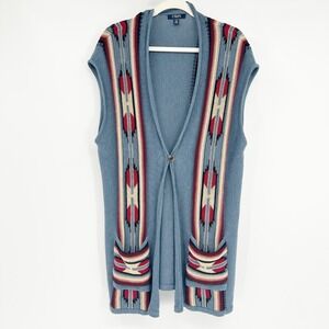 Chaps Womens Boho Aztec Southwestern Knit Long Cardigan Sweater Vest Size 1X‎
